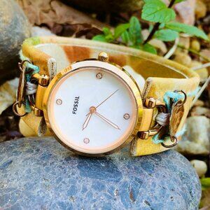 Fossil Georgia Rose Gold/Custom Handmade Brown Floral Leather Beaded Cuff Band